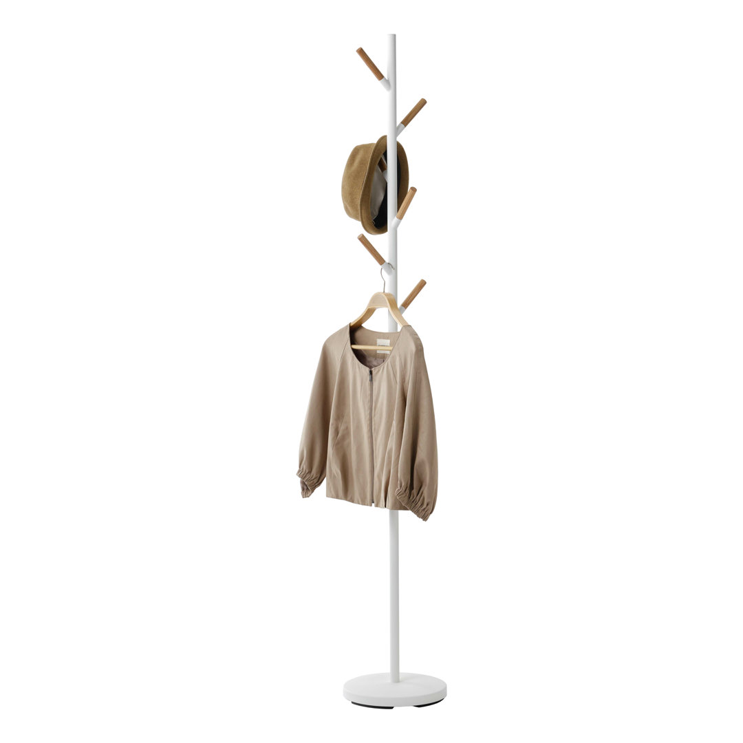 Yamazaki Home Plain Freestanding Coat Hanger Rack With Wooden Hooks, Space Saving, 70" - Steel